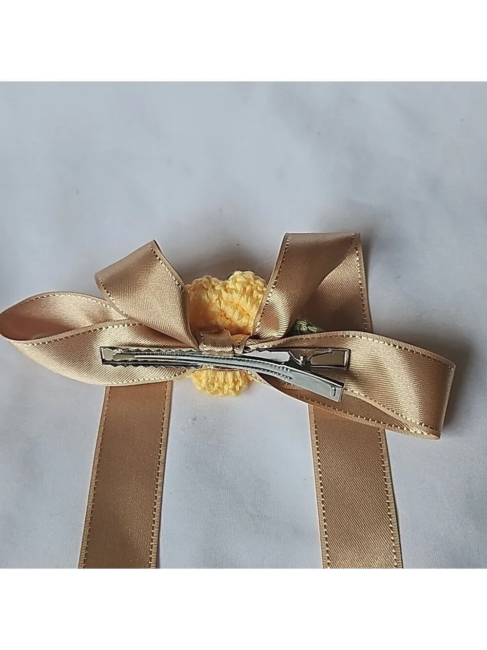 Gold Bow Hair Clip Yellow Crochet Rose Handmade